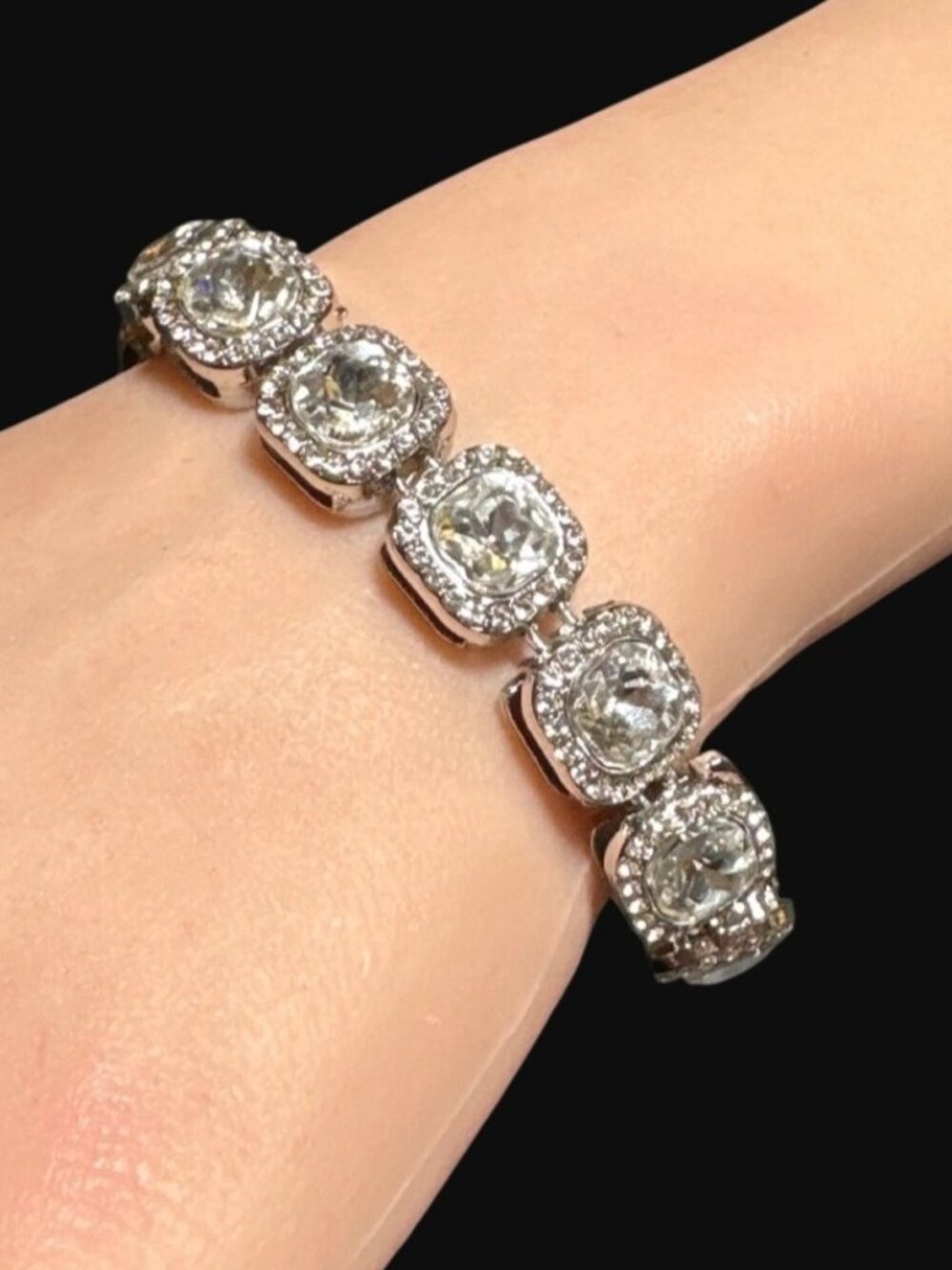 Tennis Bracelet Silver Tone Crystal Rhinestones Cushion Cut Stones Chunky NWOT